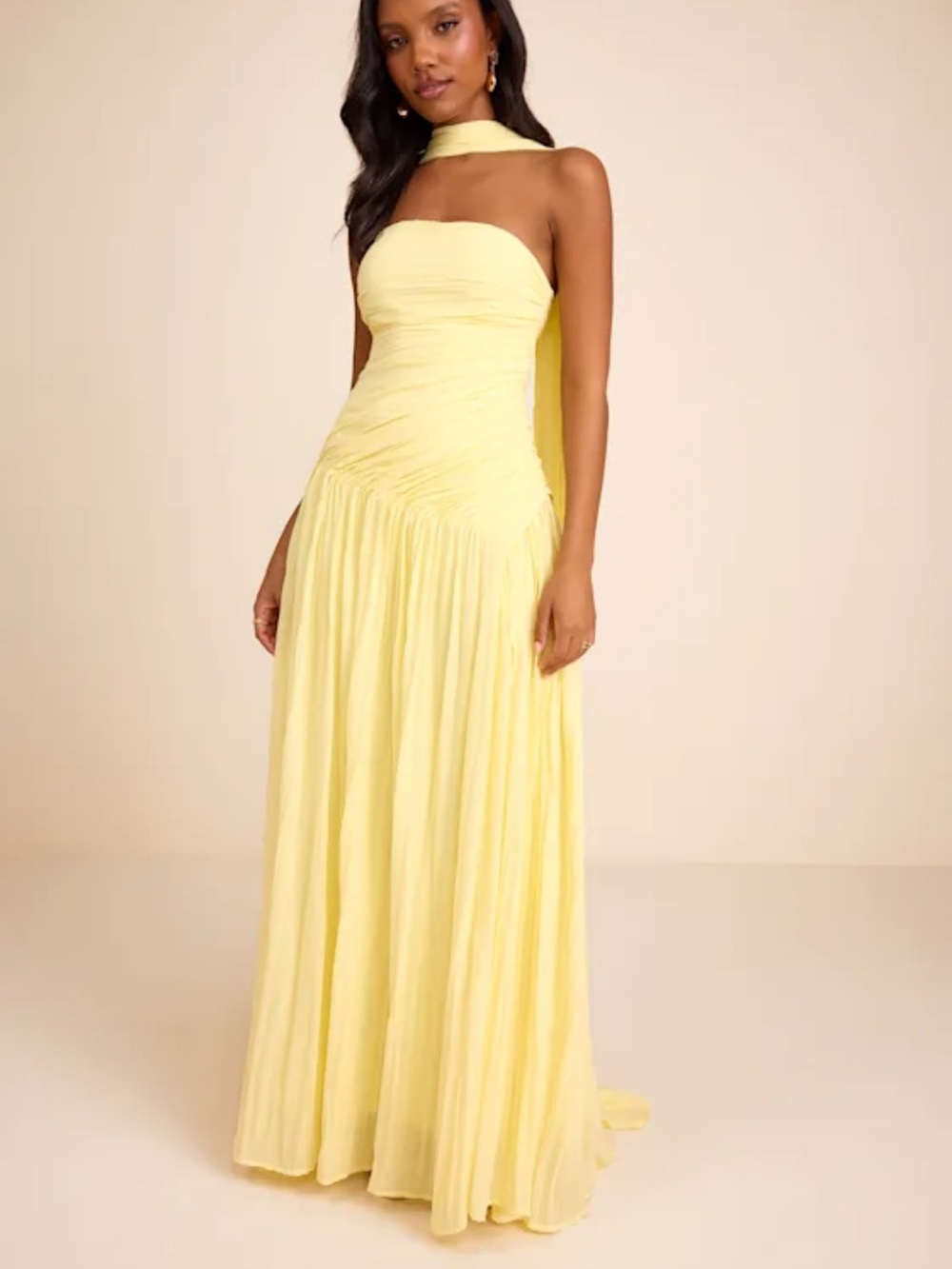 Lulu's Strapless Yellow Chiffon Evening Gown with Scarf